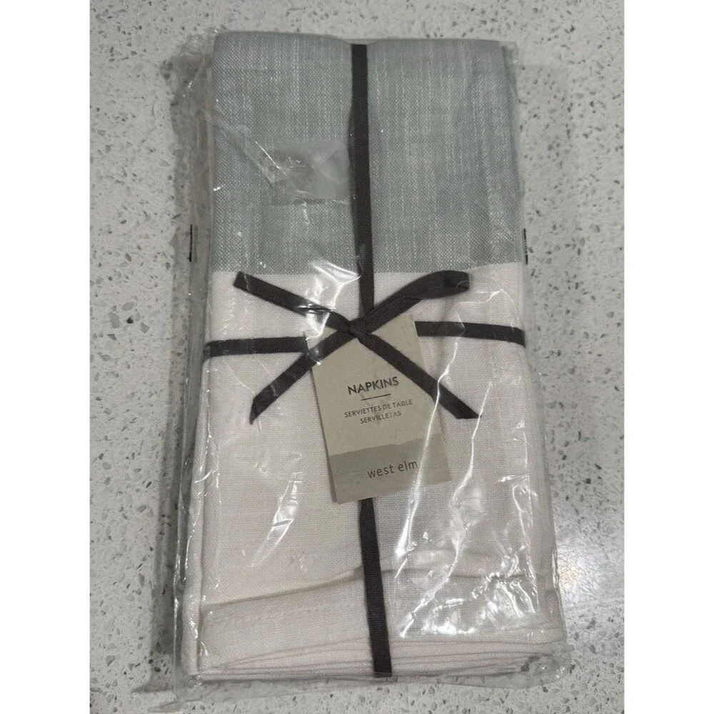 West Elm Napkins Set/4 White Green Colorblock 2 Color Design Contemporary NWT